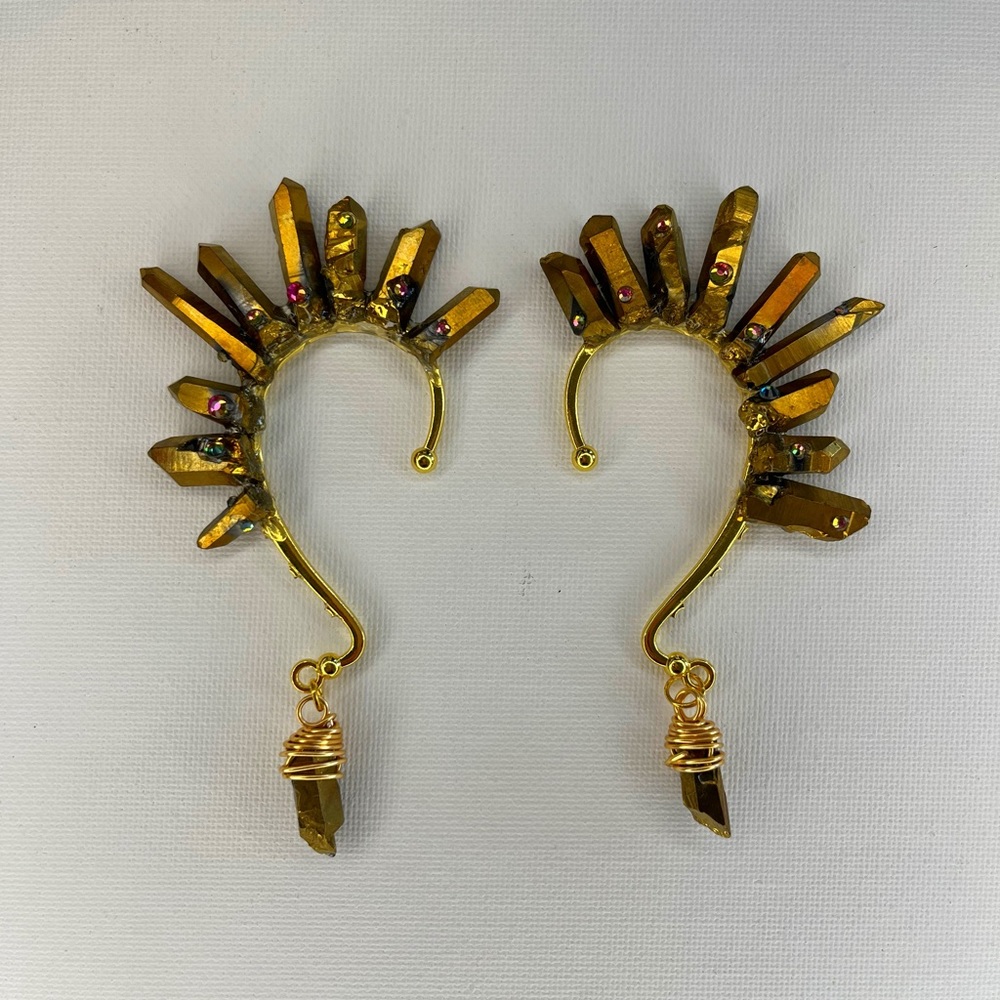 Pair of gold titanium quartz pyrite ear cuffs, no pierce, dangle earring